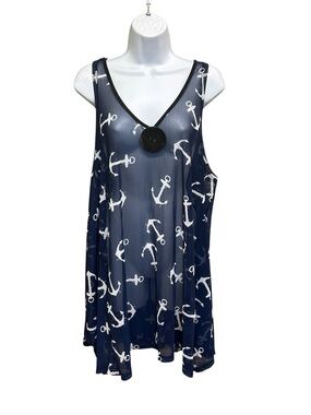 India Boutique Anchor Print Sheer Swim Coverup Tank Dress Navy Blue Size OS